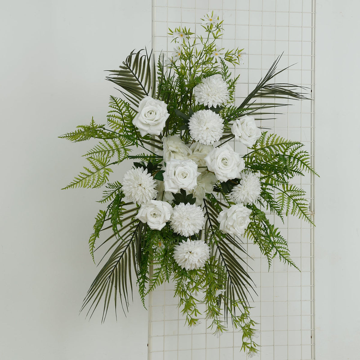 Artificial Wedding Arch Flowers – Ivory Rose & Chrysanthemum Swag with Greenery and Palm Leaves