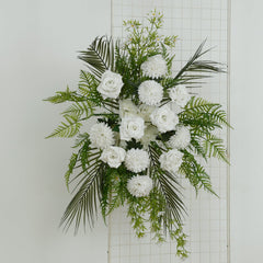 Artificial Wedding Arch Flowers – Ivory Rose & Chrysanthemum Swag with Greenery and Palm Leaves