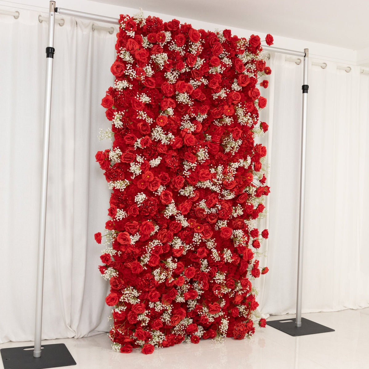 8ftx4ft Roll Up Artificial Flower Wall Panel Backdrop with Red Silk Roses & Baby's Breath